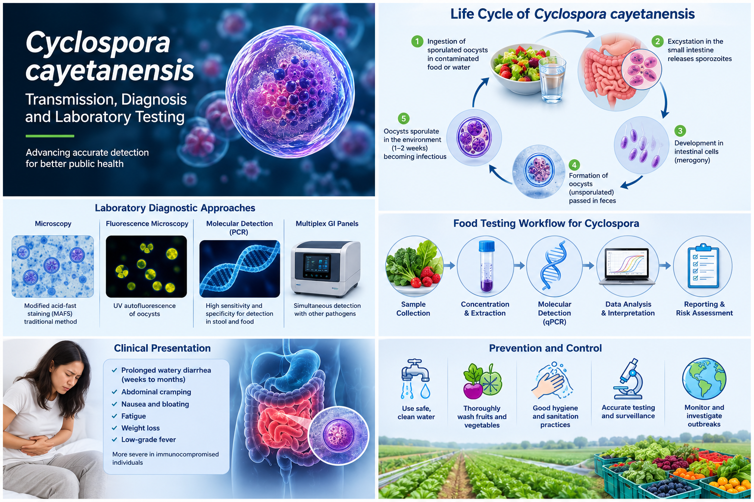 Cyclospora cayetanensis infographic showing transmission, diagnostic approaches, clinical presentation, food testing and prevention